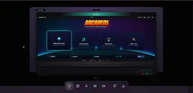 ArcadeOS home launcher running inside the custom portfolio cabinet